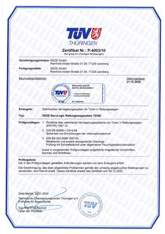 TÜV-Zertifikat Nr. P-4003/10 TZ 300 SecuLogic-Rettungswegsystem