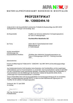 Prüfzertifikat MPA NRW  332 Fluchttüröffner