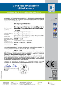 Certificate of constancy of performance IQ lock - EN 179 (EN)