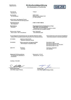 EU declaration of conformity retractable arm drive GEZE K 600 Solo/ T/ G/ F 24 V DC, K 600 Syncro T/ G/ F 24 V D