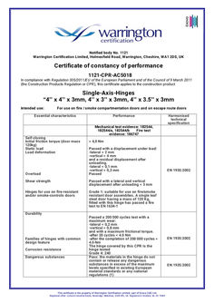 Certificate of constancy of performance GEZE Hinge BHZ