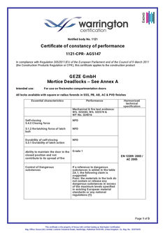 Certificate of constancy of performance Lock ML DL 72
