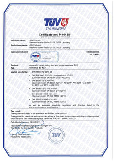 TÜV certificate P- 4043/11 Slimdrive SC- RC 2