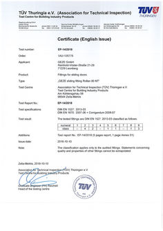 TÜV inspection certificate EP-14/2018 EN 1527 Rollan 80 NT