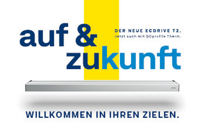 Der neue ECdrive T2 Ein- und zweiflügelige Schiebetürsysteme. Innen- und Außentüren mit hoher Begehfrequenz. Schlankes Design mit nur 100 mm Haubenhöhe für mehr gestalterischen Freiraum. Durchgehende Bodenführung zur kontrollierten Ableitung von Regenwasser erhältlich,  hat ein integrierten Akku für Notöffnung und -schließung bei Stromausfall.