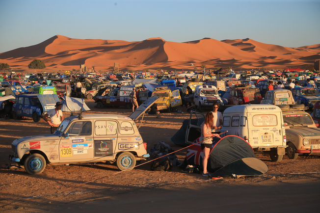 The camp of 4L Trophy entrants in the Moroccan desert.