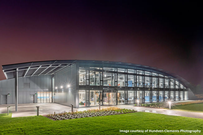 Entrance of the CABI headquarters in Wallingford at night