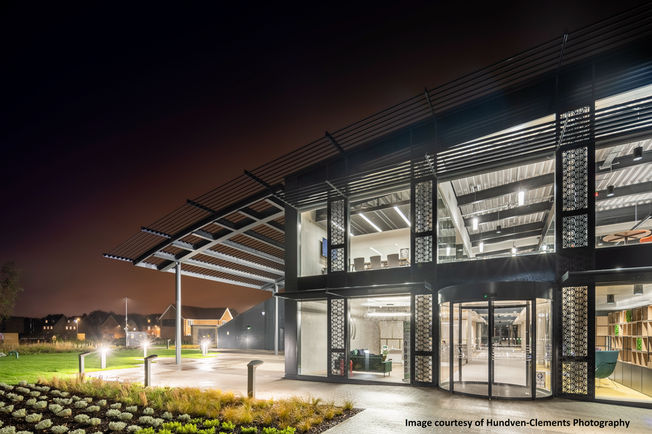 Entrance of the CABI headquarters in Wallingford at night
