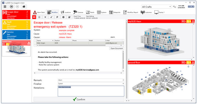 myGEZE Visu Dashboard Symbol image of a workflow in the event of an alarm