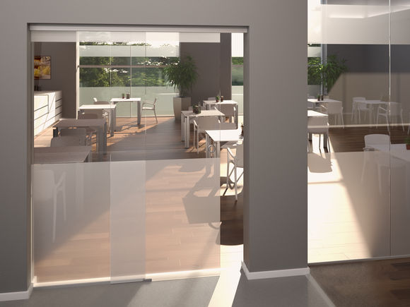 Levolan 60 sliding door system, installed at a restaurant Sliding fitting for glass leaves weighing 60 kg and with one or damped on both sides for doors, so that the door is gently slowed down and independently dragged into the end position