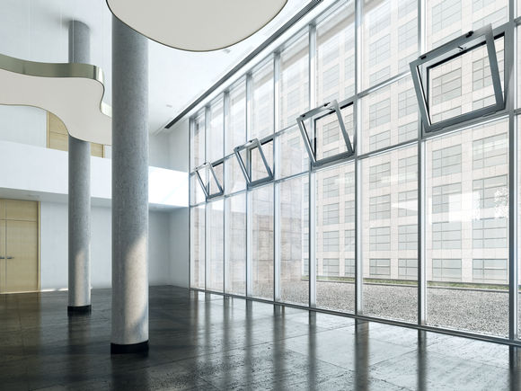 Kettingaandrijving Slimchain, geïnstalleerd in een kantoorgebouw RWA en natuurlijke ventilatie (24 V) in het gevelgebied   Gebruik in het luchtafvoer- en toevoersysteem mogelijk