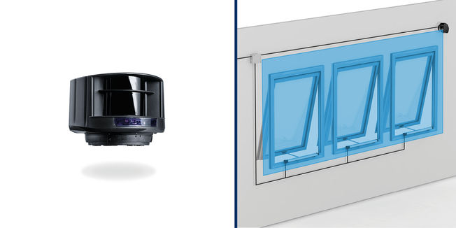 Selbstüberwachter Sensor, der zur Absicherung von einem oder mehreren Fenstern an einer Fassade dient und einen großen Detektionsbereich ermöglicht.