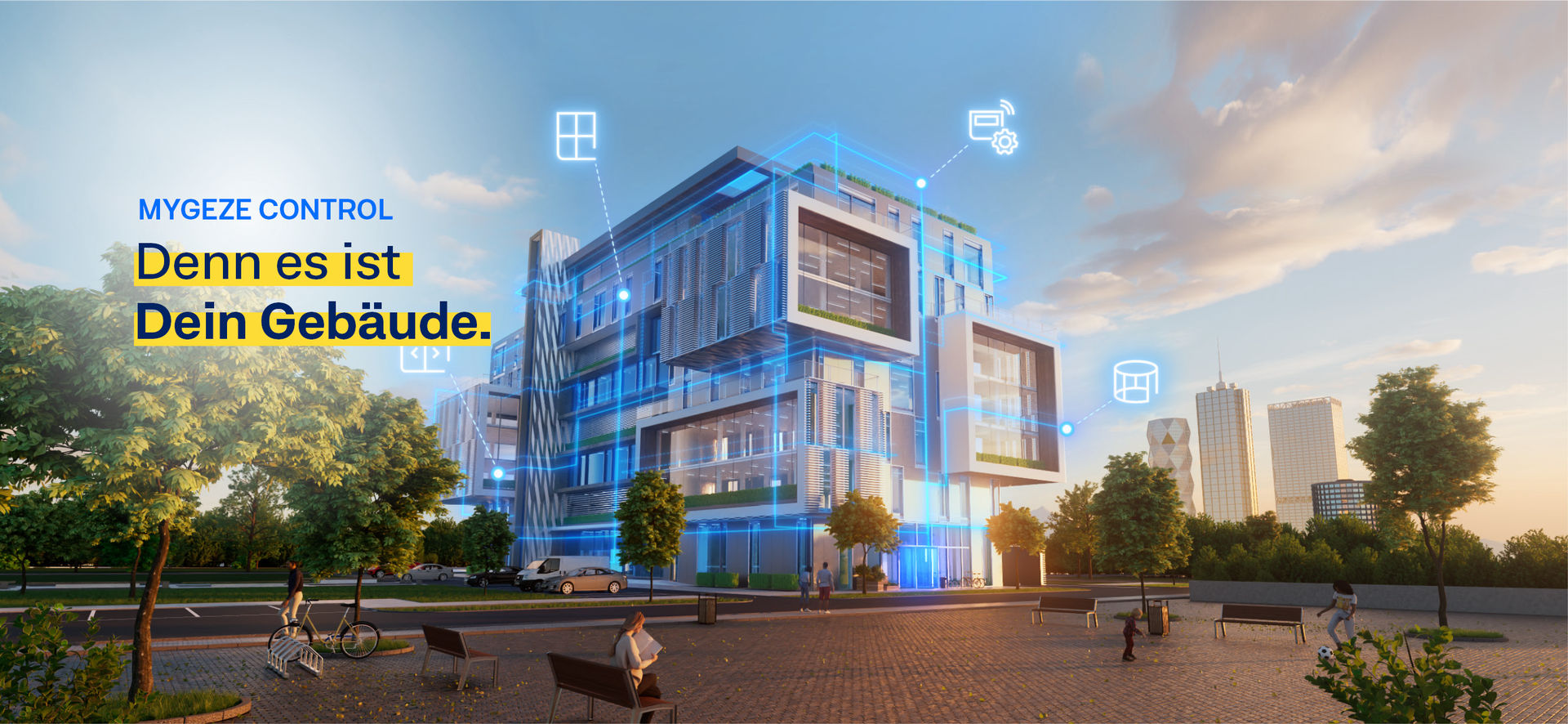 Alternativer Text: Modellbild eines begrünten, modernen und mehrstöckigen Gebäudes mit Kennzeichnung der Bereiche, in denen GEZE Produkte eingebaut sind.