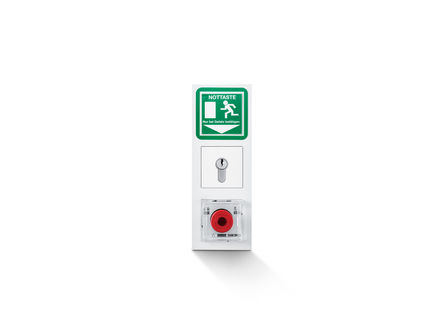 TZ 320 SN, flush-mounting Gira E2 white SecuLogic emergency exit system, Flush-mounted control unit in switch programme Gira E2, TST 320 control unit with emergency push button, key switch and emergency exit sign unlit