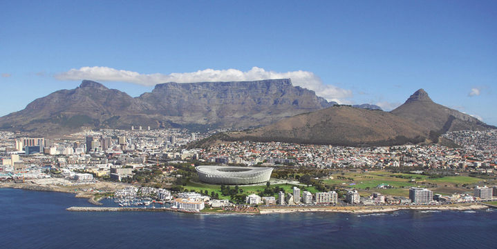 The Cape Town coast and the Cape Town Stadium.