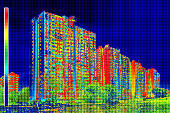 Thermography images tell specialists all they need to know about the heat and energy being lost through a façade. Dark areas indicate a low heat loss, while yellow areas indicate moderate and red areas indicate a high level of heat loss.