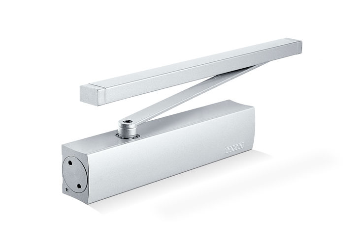  - Overhead door closer with guide rail for single leaf doors with hydraulic latching action accelerating the door just before reaching the closed position