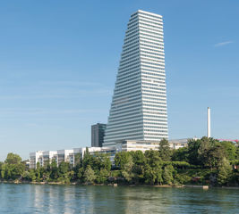 Exterior view of the Roche Tower in Basel.