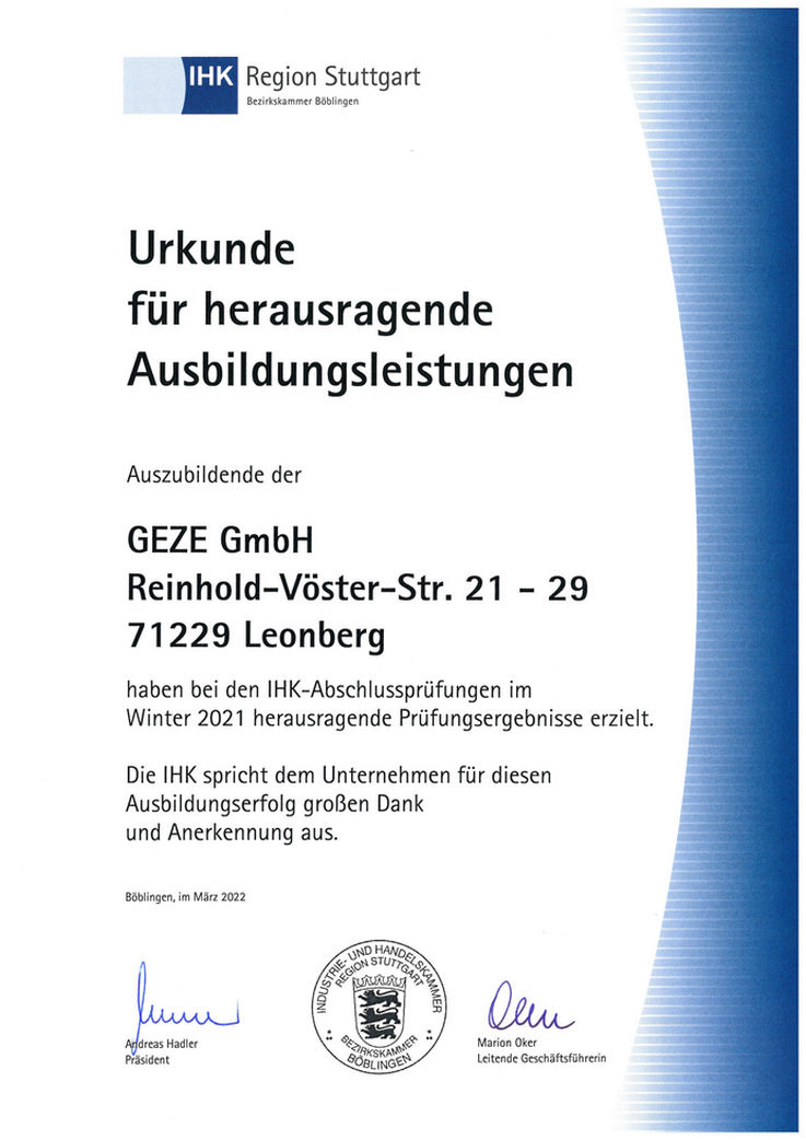 The certificate, issued by the Stuttgart Chamber of Industry and Commerce for outstanding apprenticeship performance, fills both us and our junior staff with pride! 