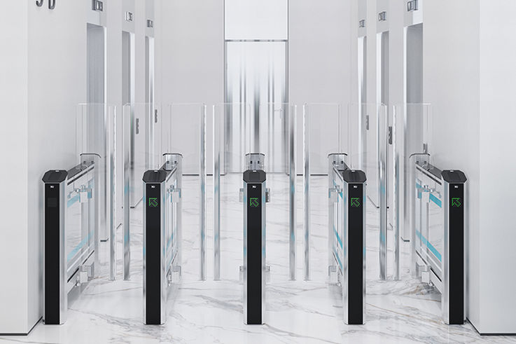 SL range - Speed gates with folding high gates - These speed gates with folding high gates are characterised by their robust and attractive design. Made for high-traffic areas, they reliably master every requirement. Nothing escapes the intelligent sensors, they prevent misuse or unauthorised access and still ensure safety.