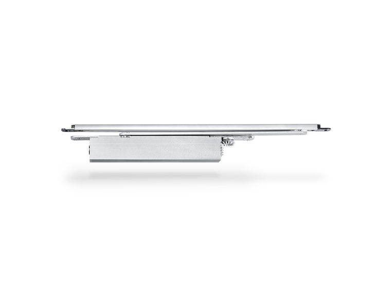 Integrated door closer for single leaf doors with a leaf width of up to 1400 mm. The door closer is embedded in the door leaf and the frame and meets the highest design demands. Hydraulic latching action which accelerates the door shortly before reaching the closed position.